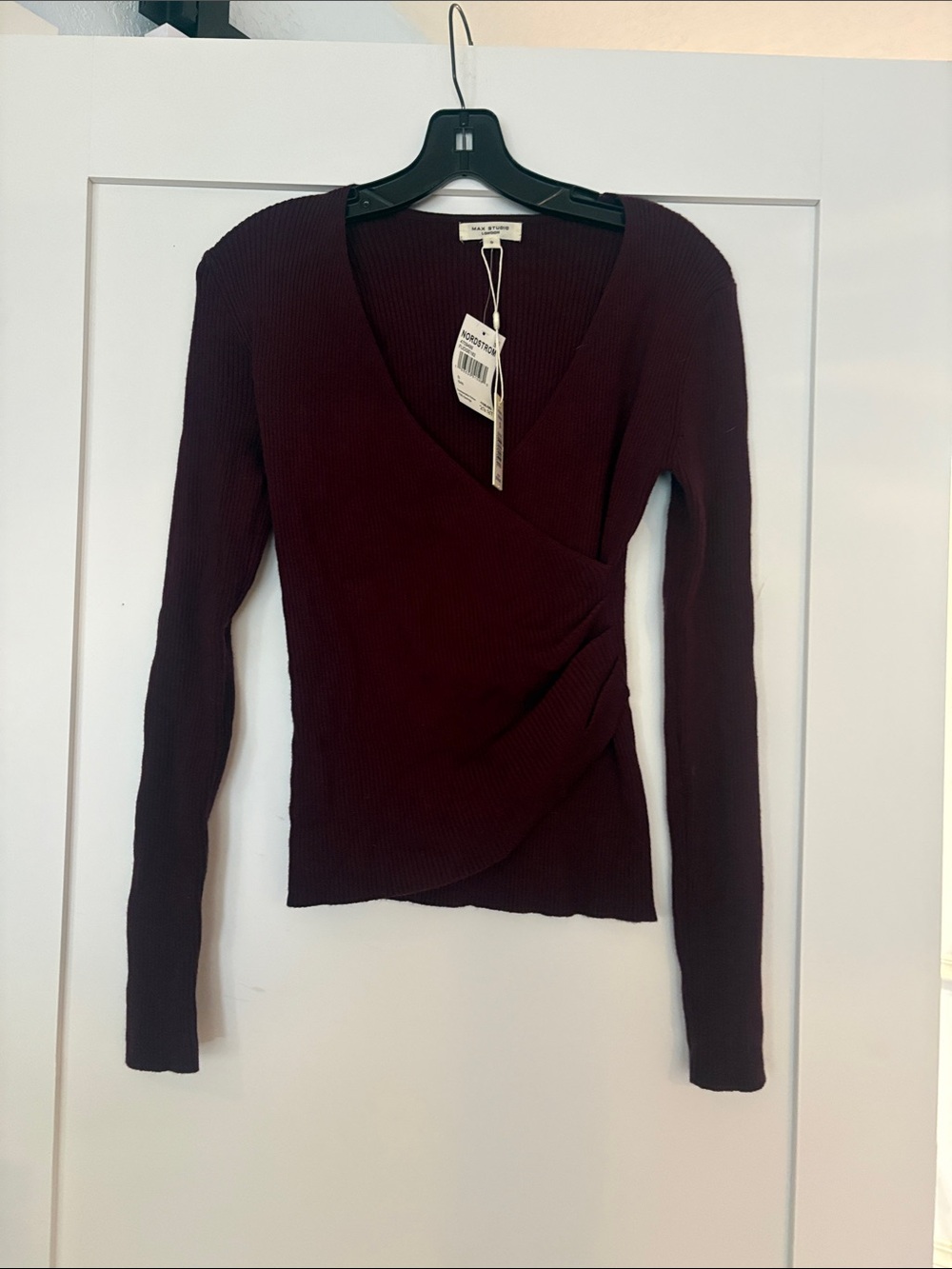 Max Studio Ribbed Wrap-Front Long Sleeve Top - Burgundy Sz S